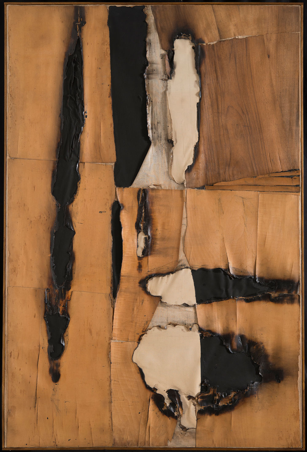 Alberto Burri, “Combustione legno (Wood Combustion)” (1957), wood veneer, paper, combustion, acrylic, and Vinavil on canvas, 149.5 x 99 cm